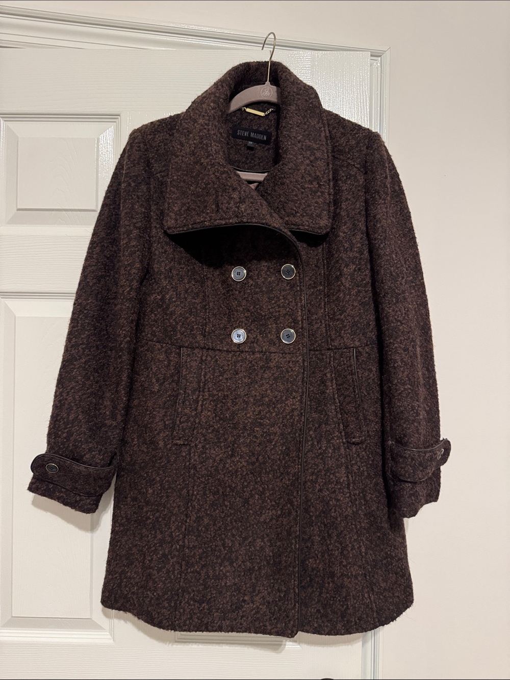 NWOT Steve Madden Dark Brown Wool-Blend Double-Breasted Peacoat
